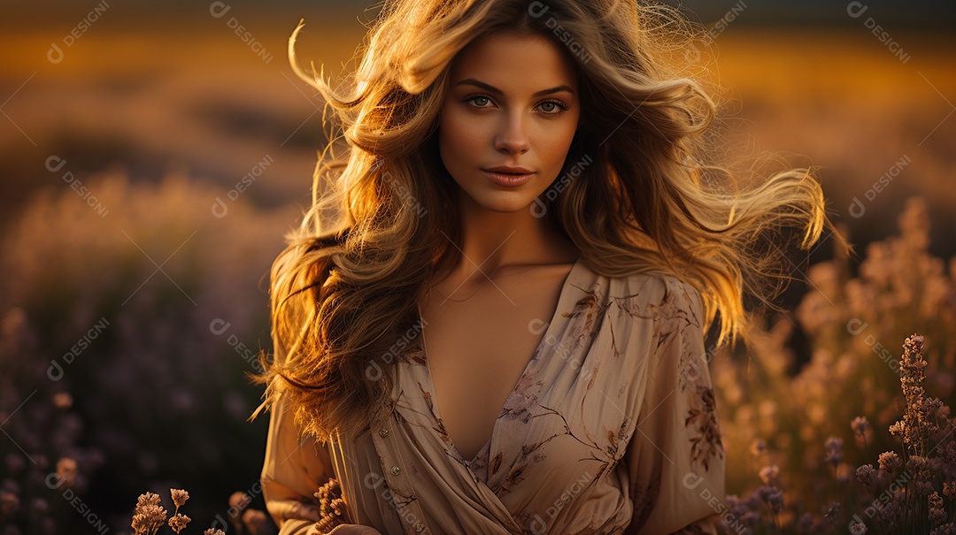 Mulher bonita no campo de lavanda