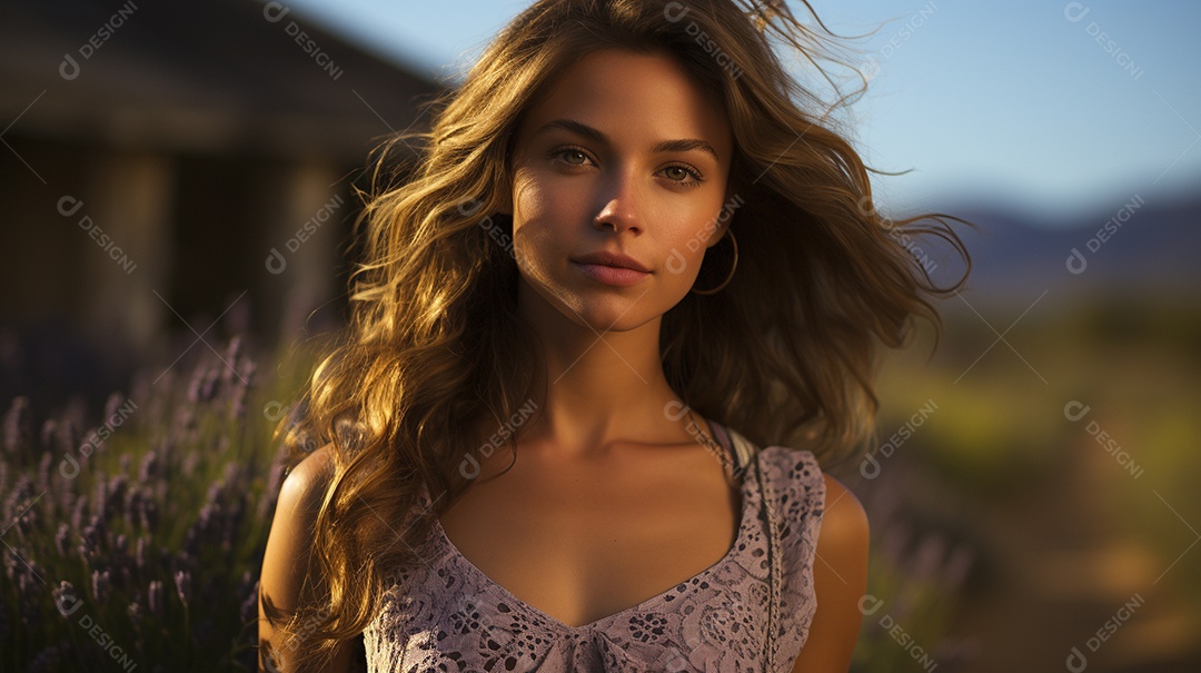 Mulher bonita no campo de lavanda