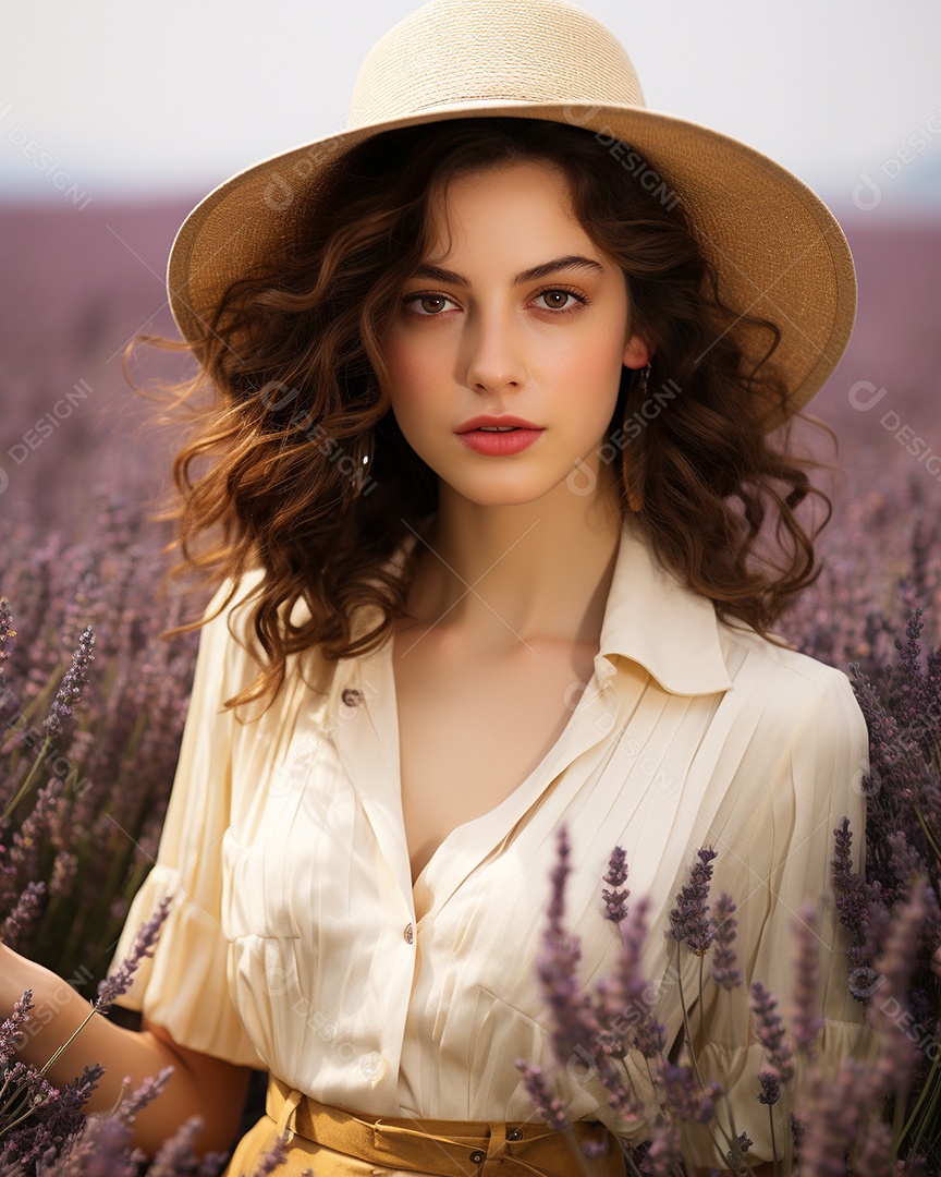 Mulher bonita no campo de lavanda