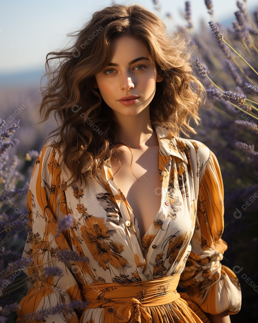 Mulher bonita no campo de lavanda