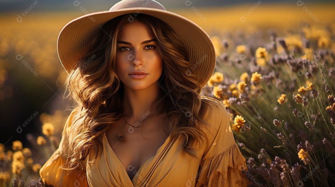 Mulher bonita no campo de lavanda