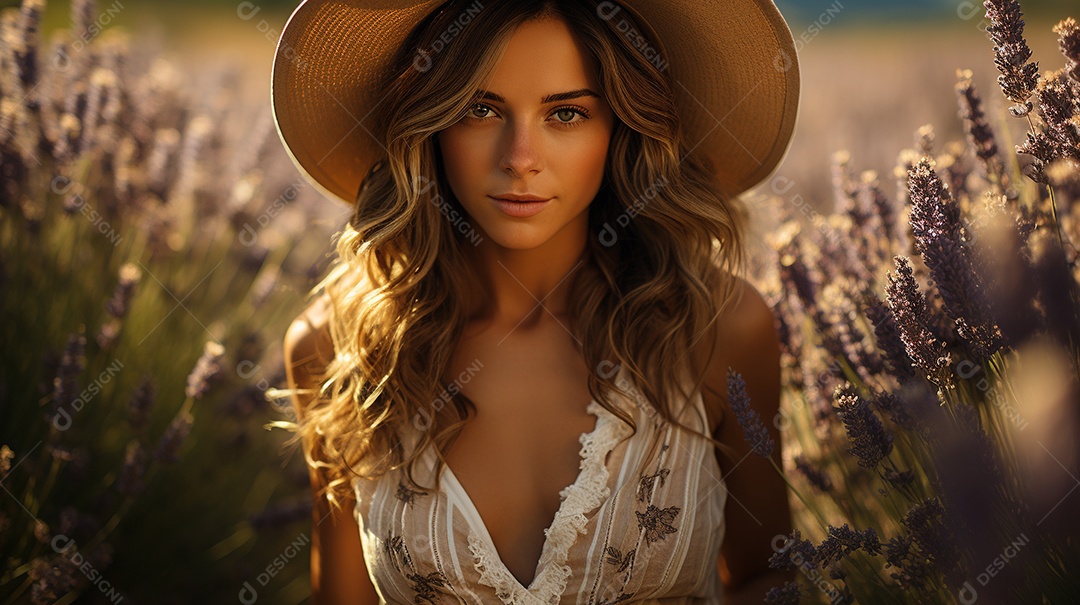 Mulher bonita no campo de lavanda