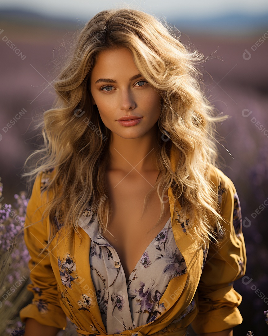 Mulher bonita no campo de lavanda