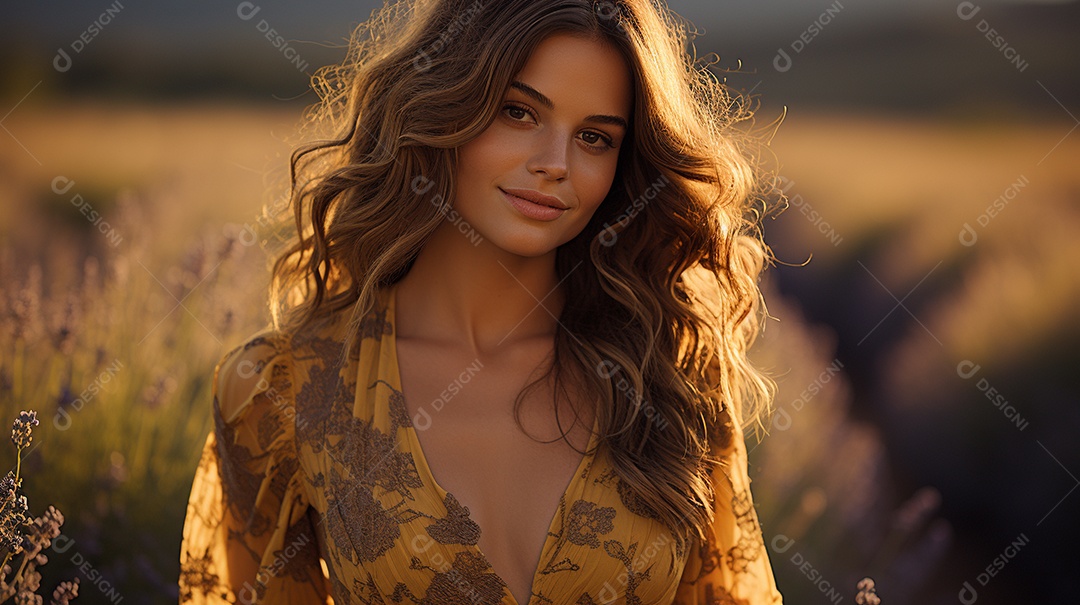 Mulher bonita no campo de lavanda