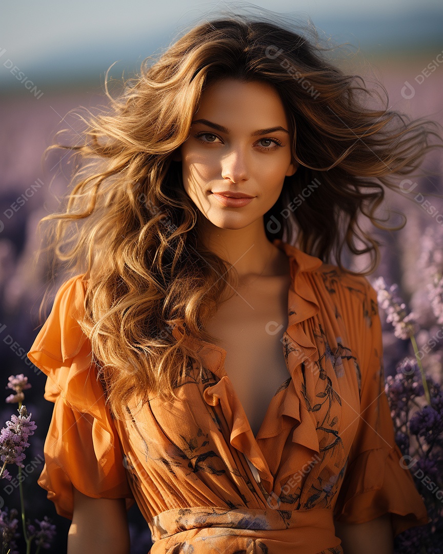 Mulher bonita no campo de lavanda