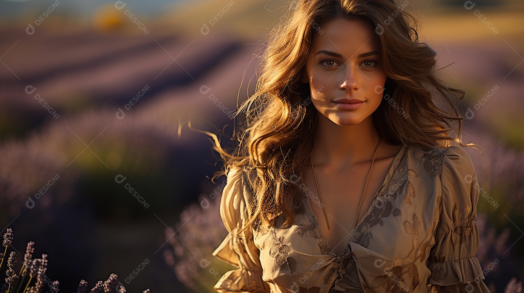 Mulher bonita no campo de lavanda