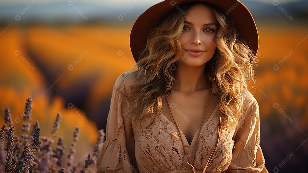 Mulher bonita no campo de lavanda