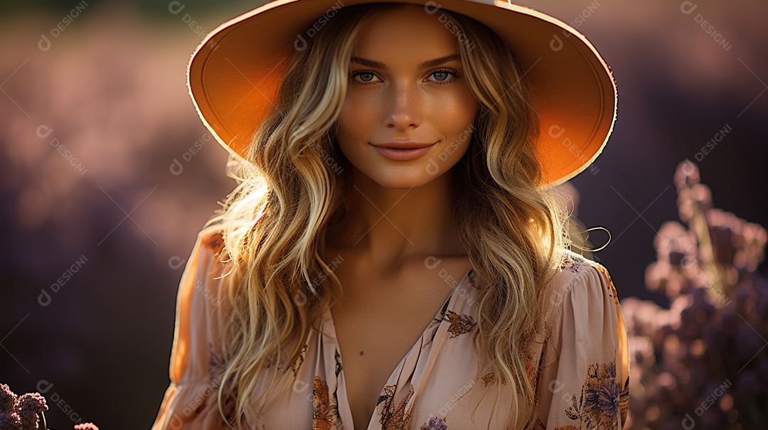 Mulher bonita no campo de lavanda