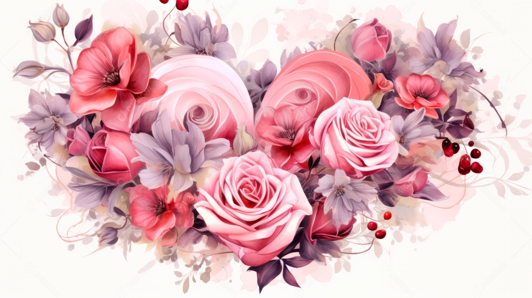 Buquê de rosas em aquarela estilo Dia dos Namorados.