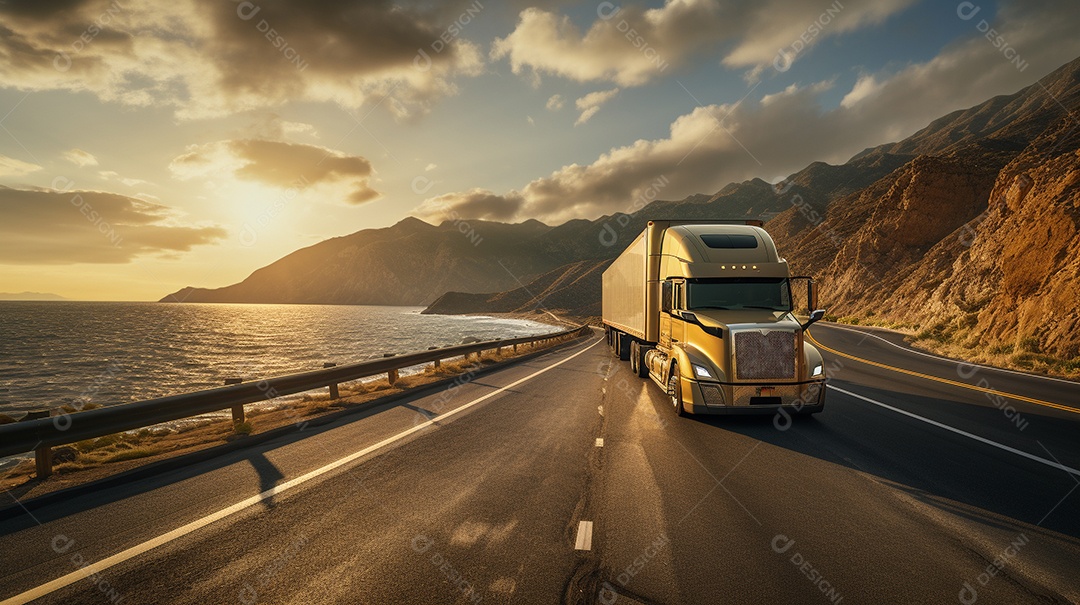 Extremamente close de um caminhão dirigindo por uma estrada da Europa em dia ensolarado