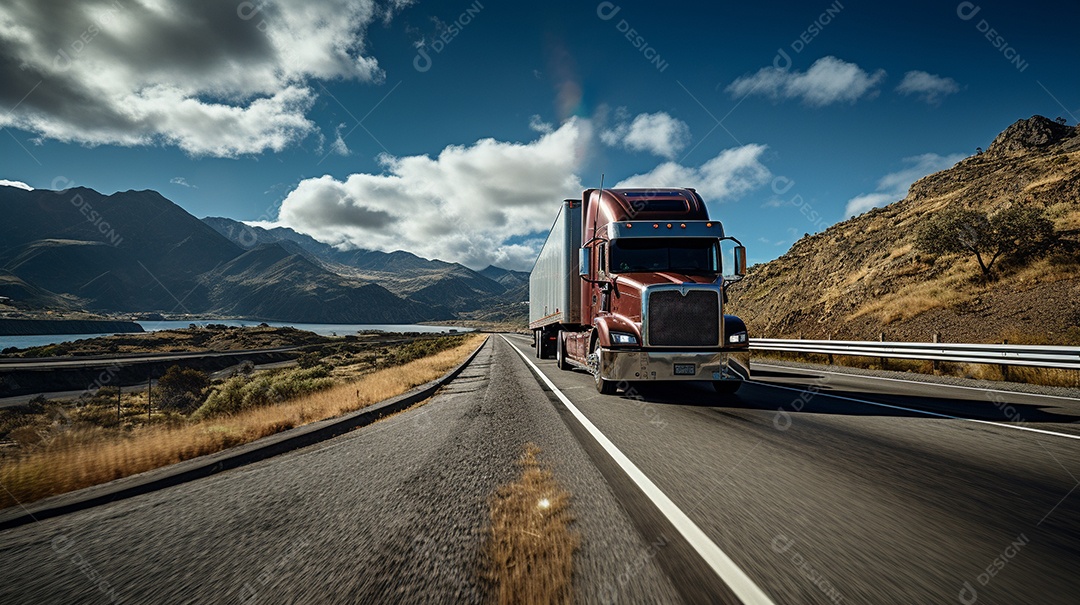 Extremamente close de um caminhão dirigindo por uma estrada da Europa em dia ensolarado