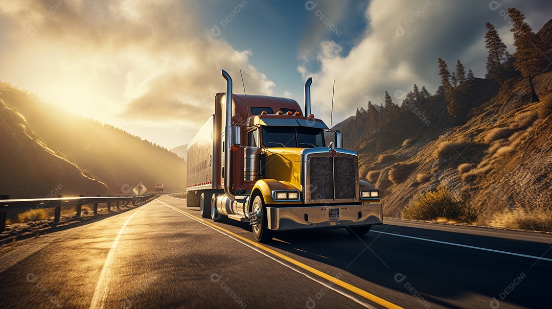 Extremamente close de um caminhão dirigindo por uma estrada da Europa em dia ensolarado