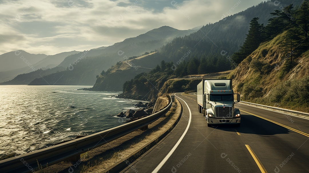 Extremamente close de um caminhão dirigindo por uma estrada da Europa em dia ensolarado