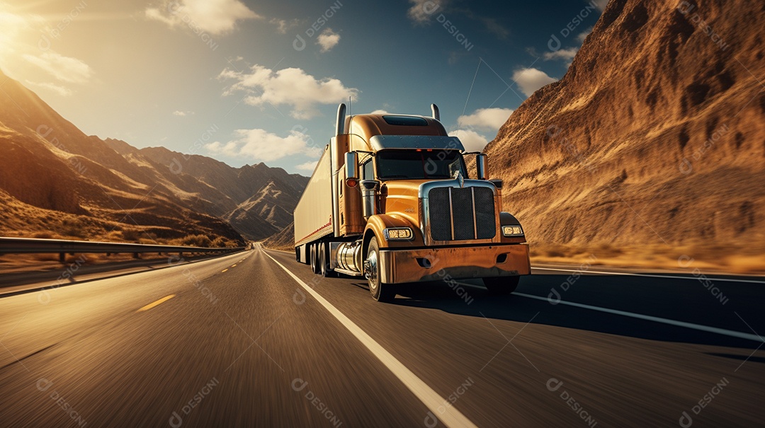 Extremamente close de um caminhão dirigindo por uma estrada da Europa em dia ensolarado