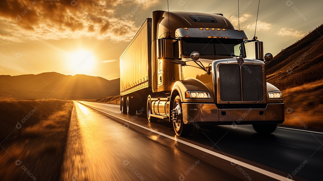 Extremamente close de um caminhão dirigindo por uma estrada da Europa em dia ensolarado