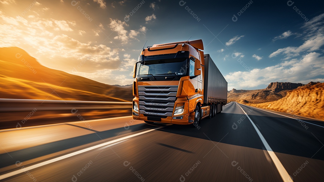 Extremamente close de um caminhão dirigindo por uma estrada da Europa em dia ensolarado