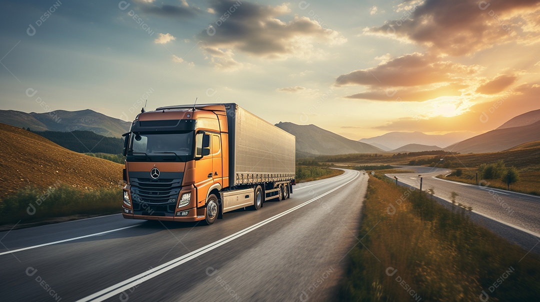 Extremamente close de um caminhão dirigindo por uma estrada da Europa em dia ensolarado