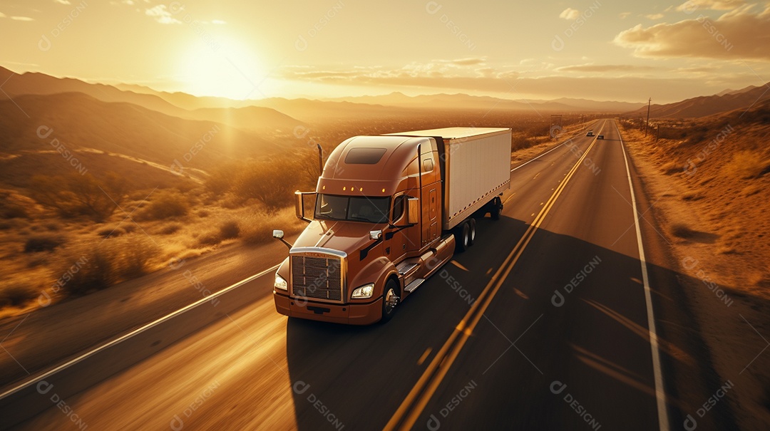 vista aérea close-up extremo de um caminhão americano dirigindo por uma rodovia no dia do pôr do sol