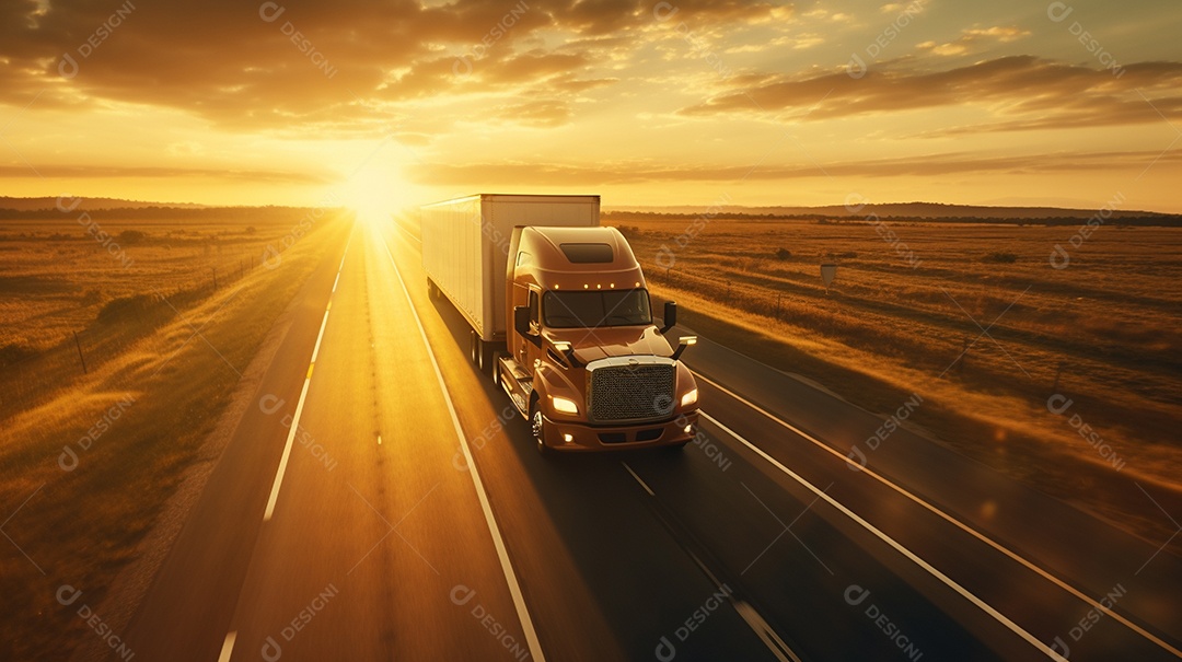 vista aérea close-up extremo de um caminhão americano dirigindo por uma rodovia no dia do pôr do sol
