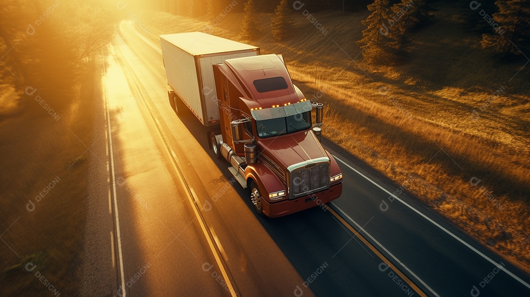 vista aérea close-up extremo de um caminhão americano dirigindo por uma rodovia no dia do pôr do sol