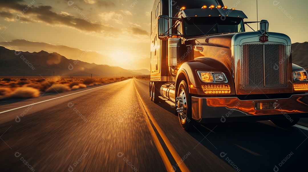 vista aérea close-up extremo de um caminhão americano dirigindo por uma rodovia no dia do pôr do sol