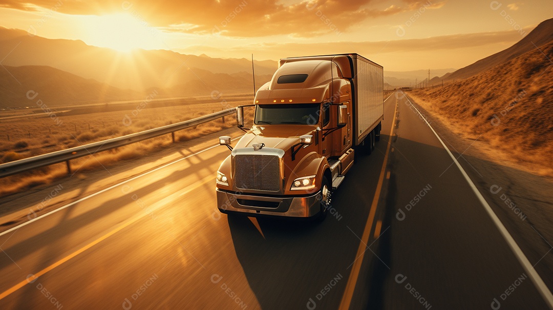 vista aérea close-up extremo de um caminhão americano dirigindo por uma rodovia no dia do pôr do sol