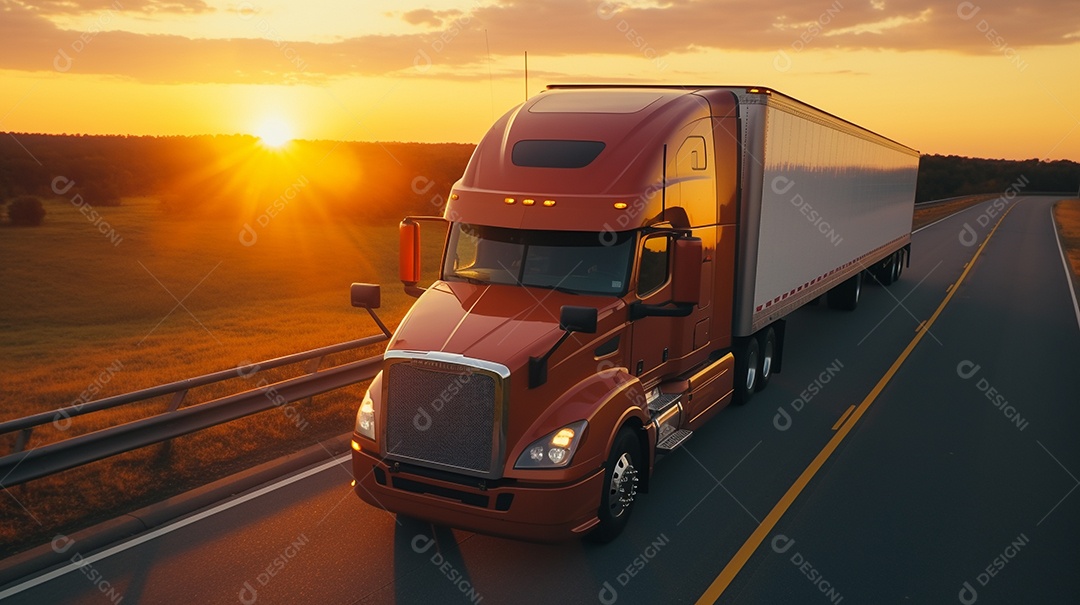 vista aérea close-up extremo de um caminhão americano dirigindo por uma rodovia no dia do pôr do sol