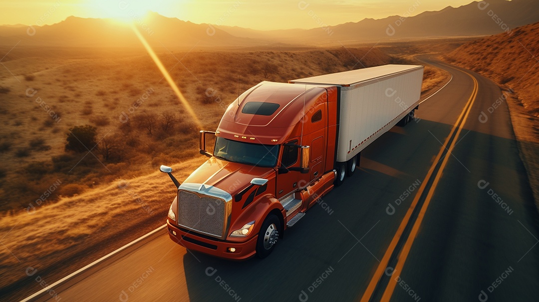 vista aérea close-up extremo de um caminhão americano dirigindo por uma rodovia no dia do pôr do sol
