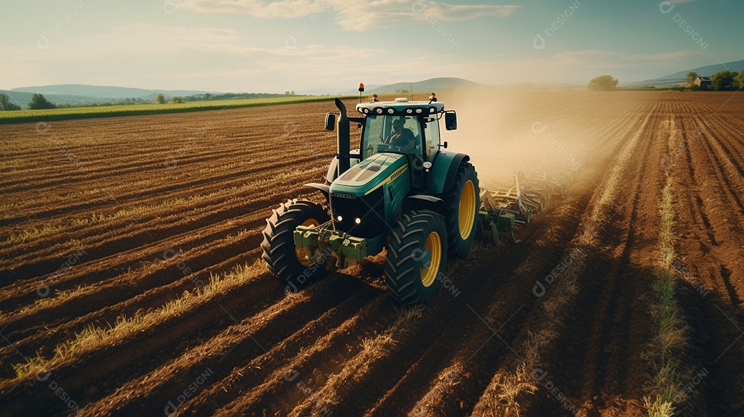 vista aérea extremo close-up de um trator trabalhando em uma plantação no dia do pôr do sol