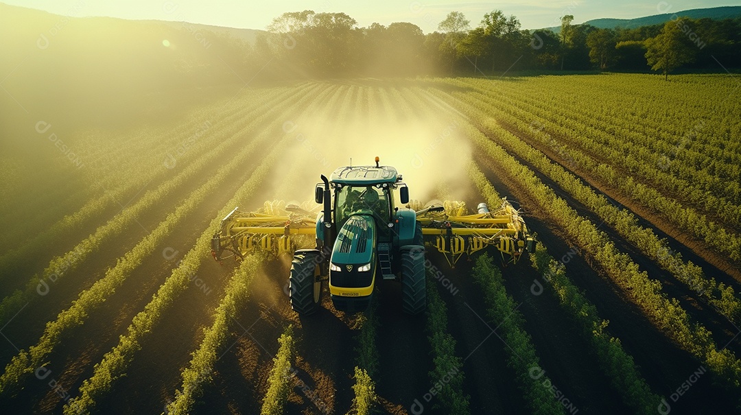 vista aérea extremo close-up de um trator trabalhando em uma plantação no dia do pôr do sol