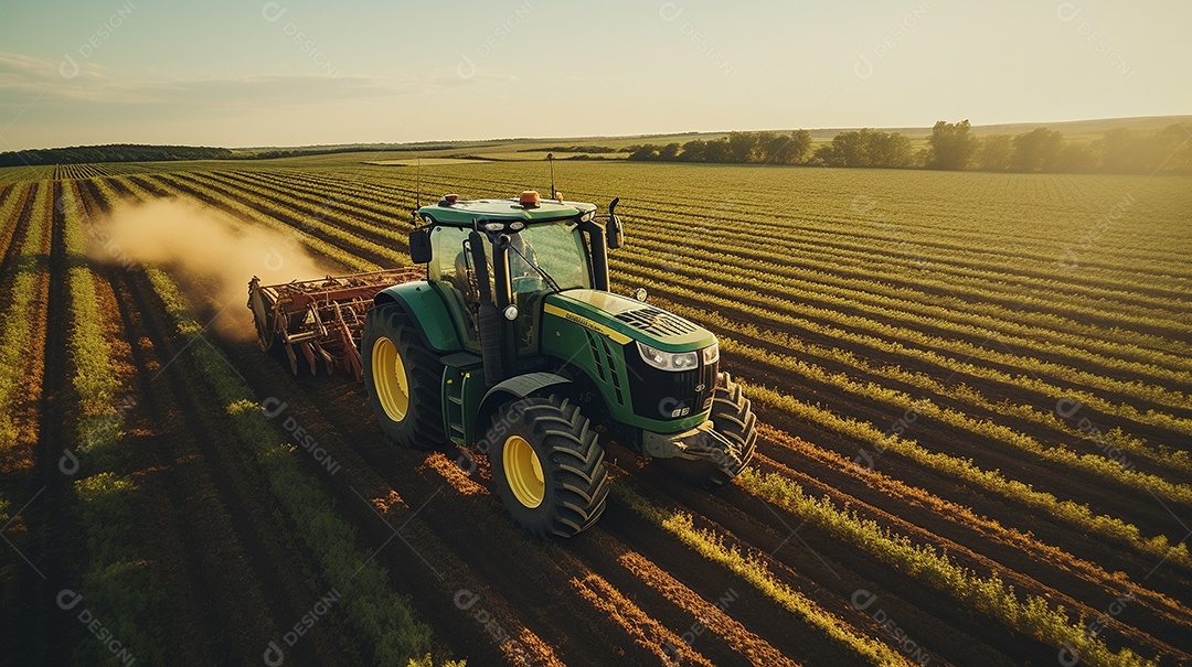 vista aérea extremo close-up de um trator trabalhando em uma plantação no dia do pôr do sol