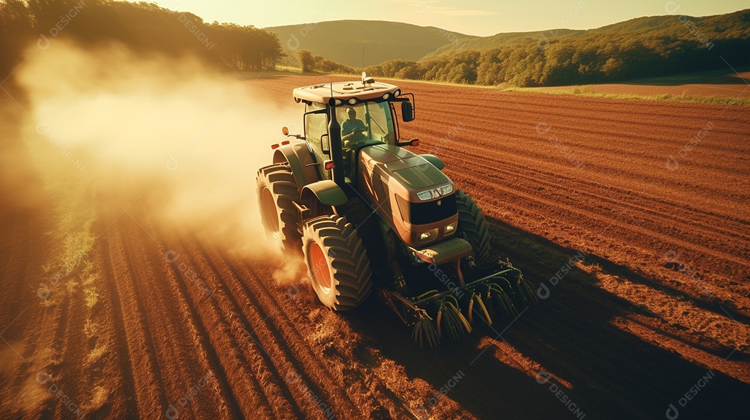 vista aérea extremo close-up de um trator trabalhando em uma plantação no dia do pôr do sol