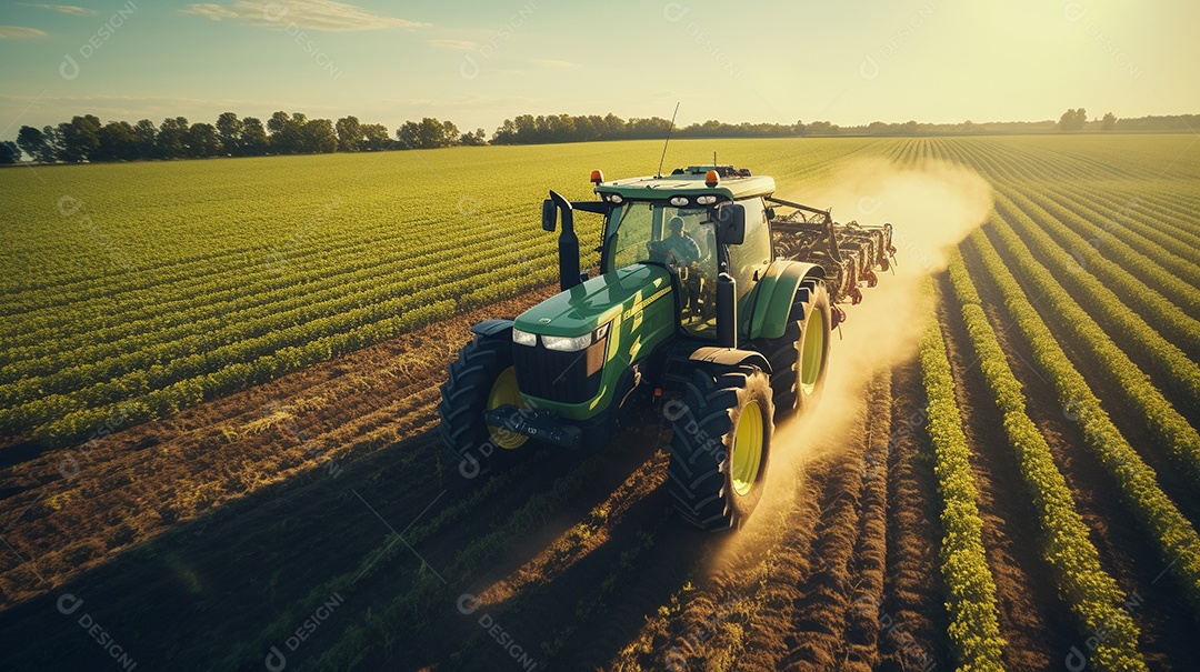 vista aérea extremo close-up de um trator trabalhando em uma plantação no dia do pôr do sol