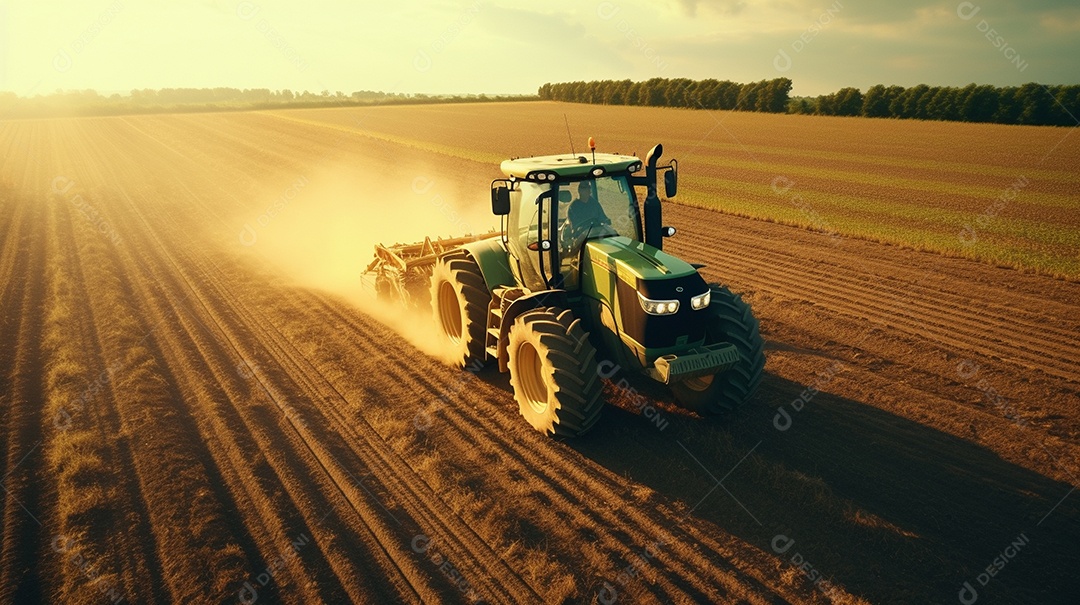 vista aérea extremo close-up de um trator trabalhando em uma plantação no dia do pôr do sol