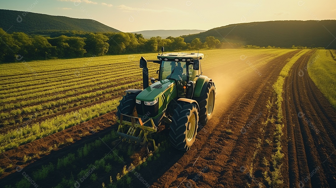 vista aérea extremo close-up de um trator trabalhando em uma plantação no dia do pôr do sol