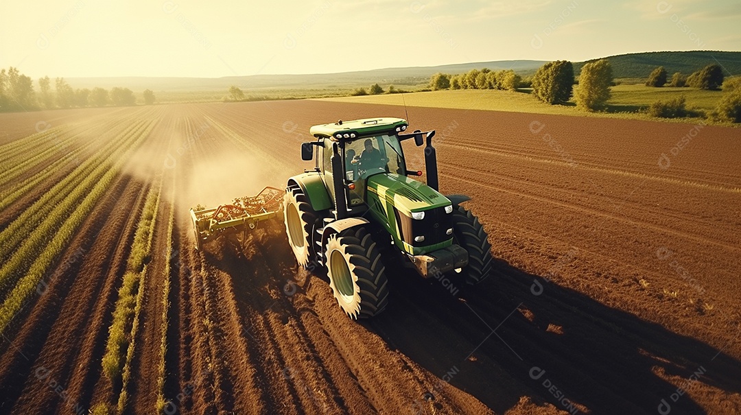 vista aérea extremo close-up de um trator trabalhando em uma plantação no dia do pôr do sol