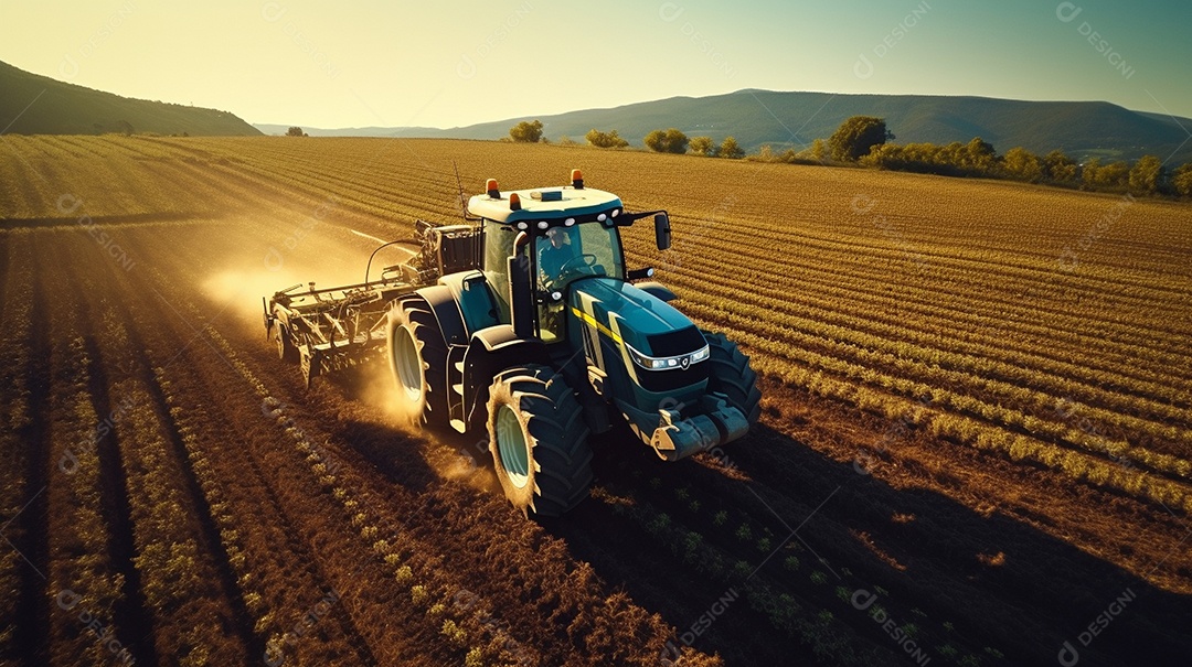 vista aérea extremo close-up de um trator trabalhando em uma plantação no dia do pôr do sol