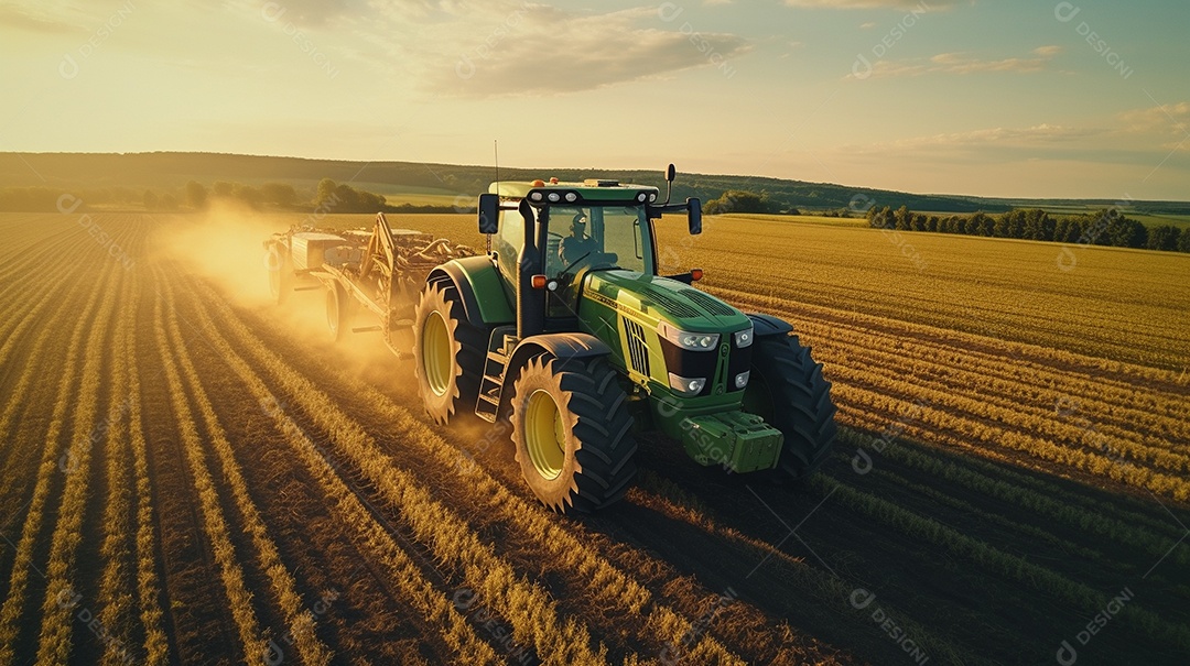 vista aérea extremo close-up de um trator trabalhando em uma plantação no dia do pôr do sol