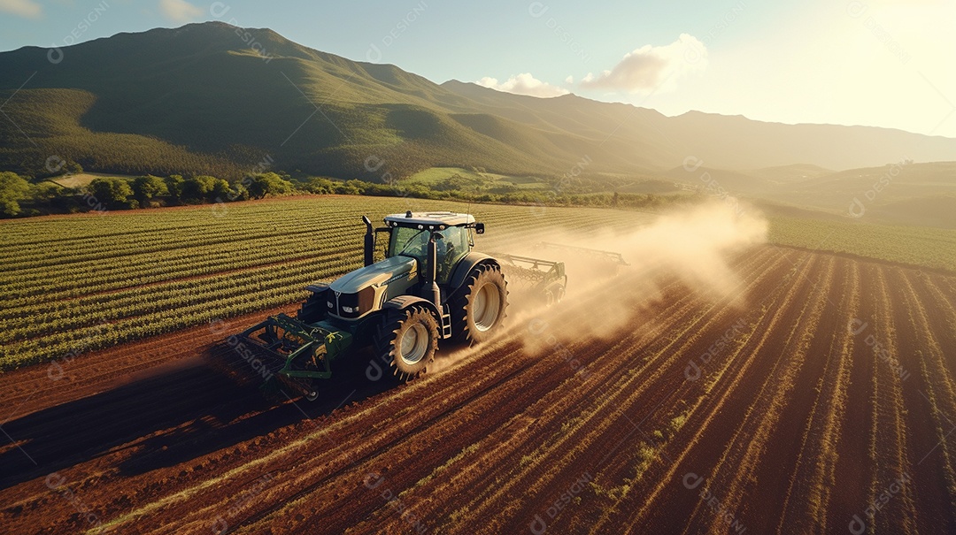 vista aérea extremo close-up de um trator trabalhando em uma plantação no dia do pôr do sol