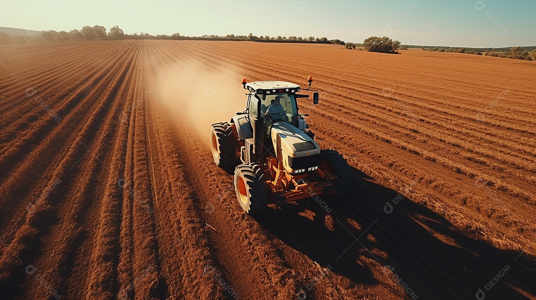 vista aérea extremo close-up de um trator trabalhando em uma plantação no dia do pôr do sol
