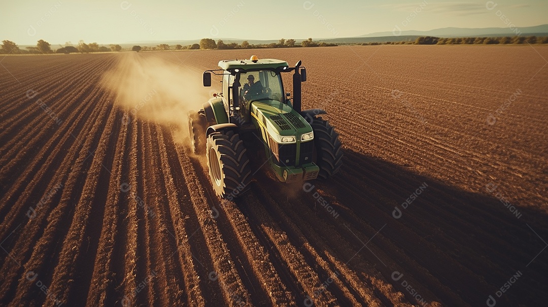 vista aérea extremo close-up de um trator trabalhando em uma plantação no dia do pôr do sol