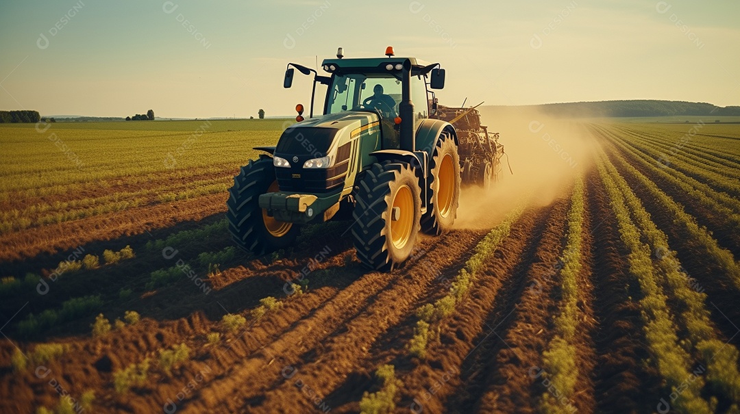 vista aérea extremo close-up de um trator trabalhando em uma plantação no dia do pôr do sol