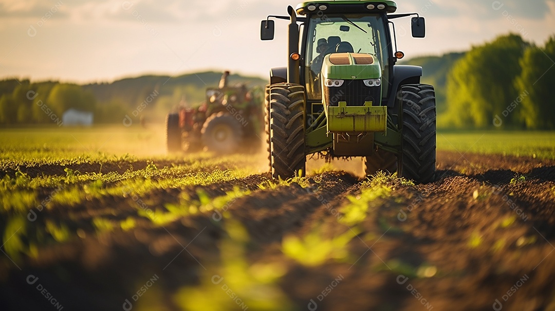 close-up extremo de um trator trabalhando em uma plantação no dia do pôr do sol