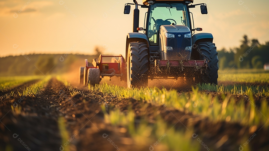close-up extremo de um trator trabalhando em uma plantação no dia do pôr do sol