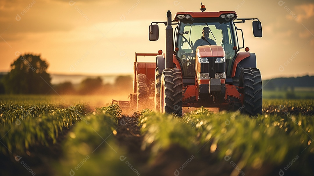 close-up extremo de um trator trabalhando em uma plantação no dia do pôr do sol