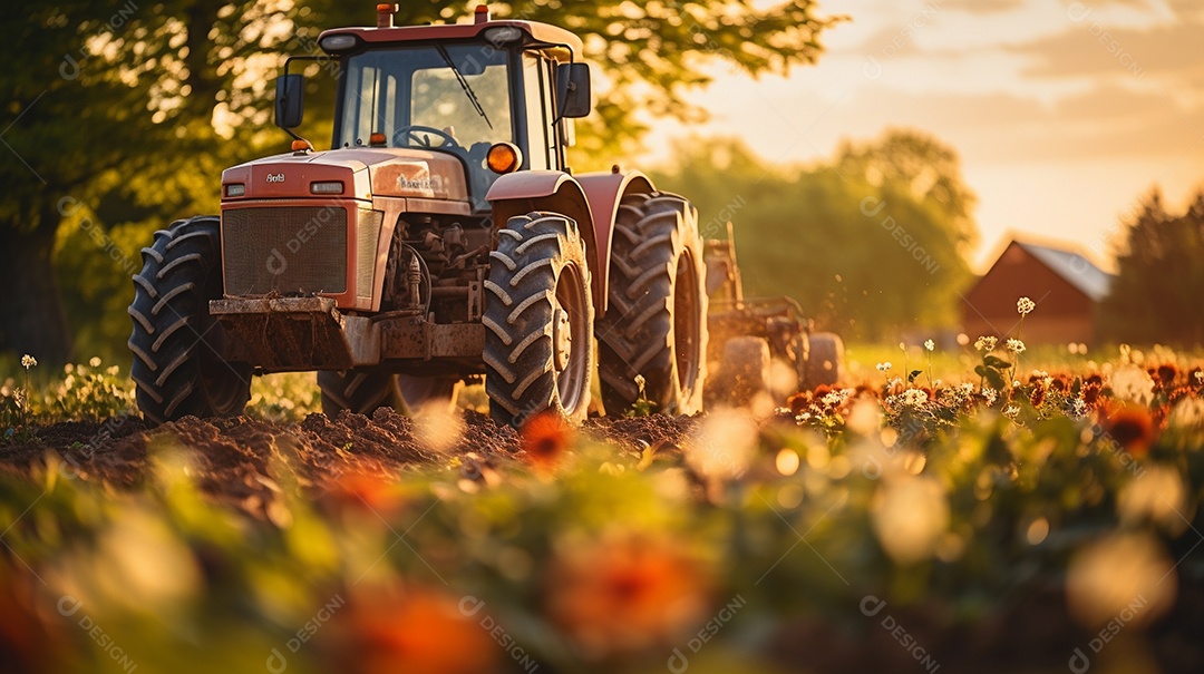 close-up extremo de um trator trabalhando em uma plantação no dia do pôr do sol