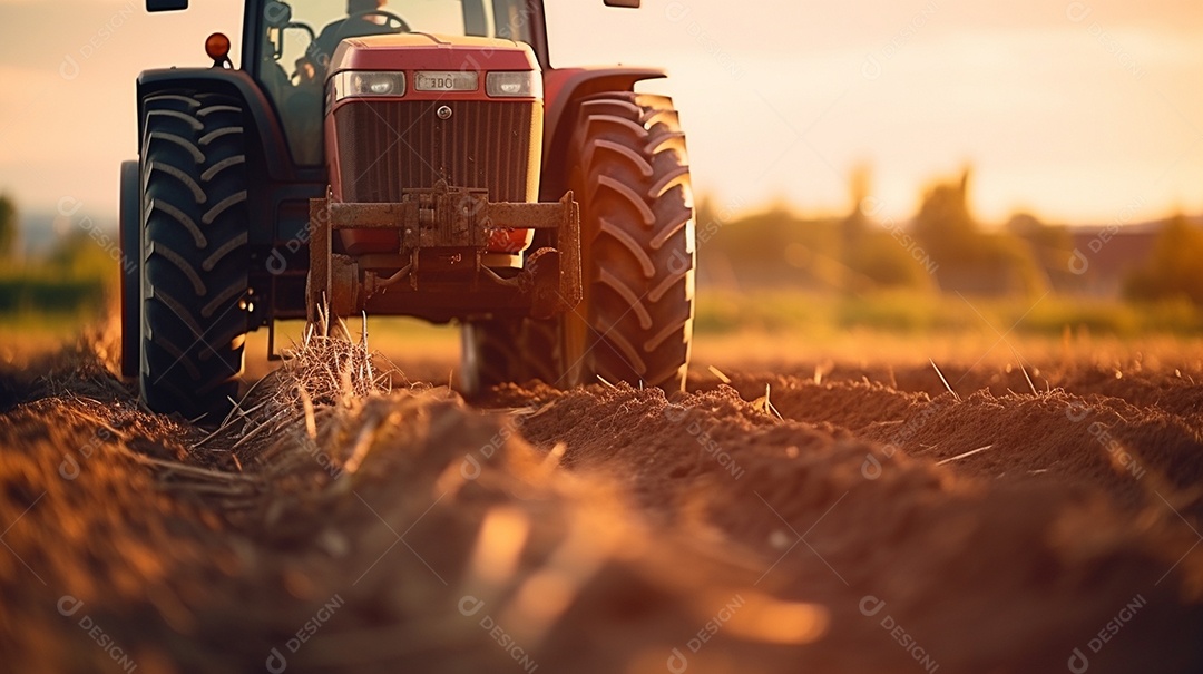 close-up extremo de um trator trabalhando em uma plantação no dia do pôr do sol