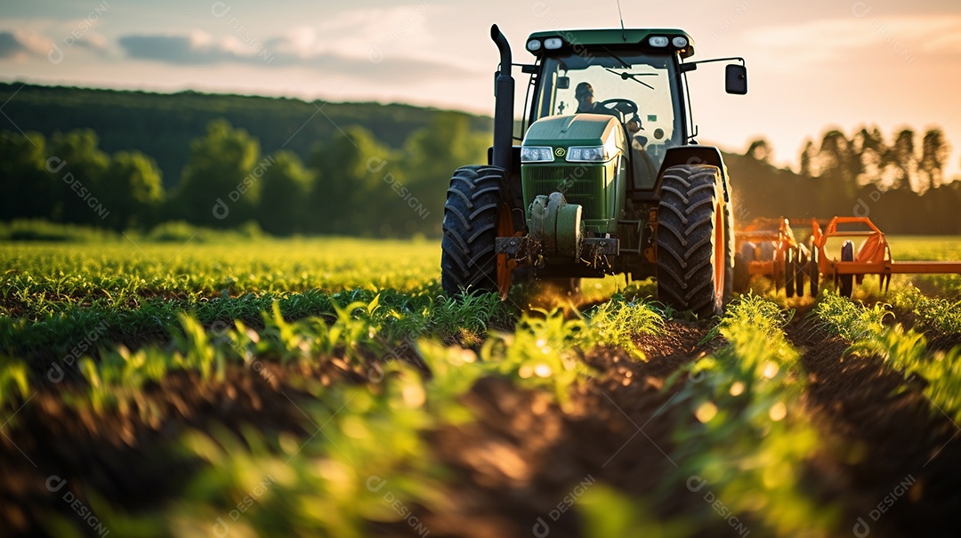 close-up extremo de um trator trabalhando em uma plantação no dia do pôr do sol