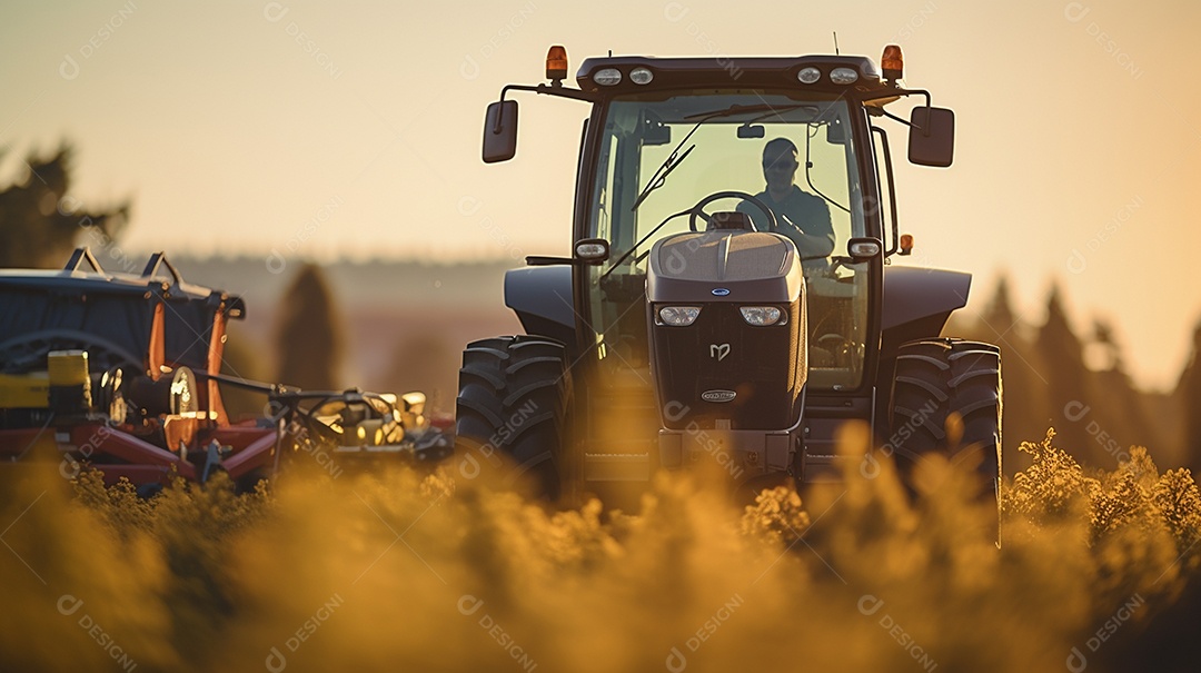 close-up extremo de um trator trabalhando em uma plantação no dia do pôr do sol