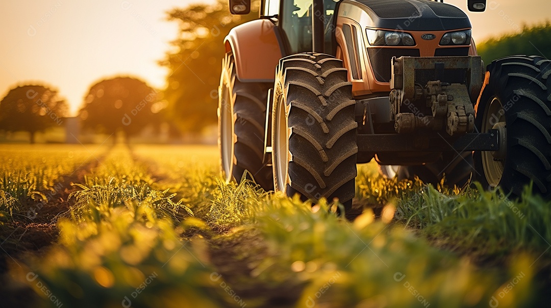 close-up extremo de um trator trabalhando em uma plantação no dia do pôr do sol